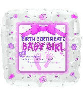 18" Baby Girl Birth Certificate Foil Balloon