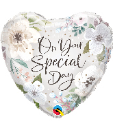 18" Heart Special Day White Floral Foil Balloon