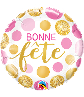 18" Bonne Fete Pois Rose Et Or Foil Balloon