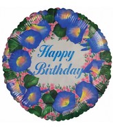 18" Happy Birthday Blue Flowers & Leaves Foil Balloon