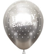 12" Mirror Happy Birthday All Around Silver Latex Balloons (25 Per Bag) 5 Side Print