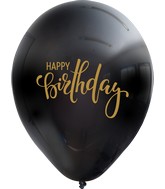 12" Happy Birthday Black Balloon Gold Print Latex Balloons (25 Per Bag) 2 Side Print