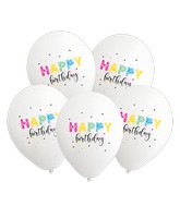 12" Happy Birthday White Balloons 5 Color Print Latex Balloons (25 Per Bag)
