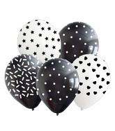 12" Black/White Pattern All Around Latex Balloons (25 Per Bag) 5 Side Print