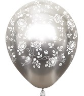 12" Mirror Silver Damask Flower All Around Latex Balloons (25 Per Bag) 5 Side Print