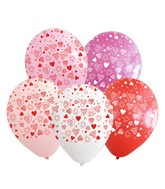 12" Assorted Hearts All Around Latex Balloons (25 Per Bag) 5 Side Print