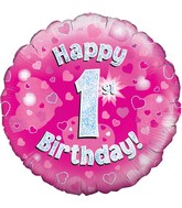18" Happy 1st Birthday Pink Holographic Oaktree Foil Balloon