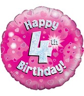 18" Happy 4th Birthday Pink Holographic Oaktree Foil Balloon