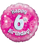 18" Happy 6th Birthday Pink Holographic Oaktree Foil Balloon