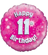 18" Happy 11th Birthday Pink Holographic Oaktree Foil Balloon