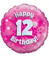 18" Happy 12th Birthday Pink Holographic Oaktree Foil Balloon