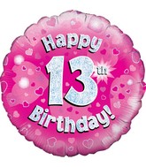 18" Happy 13th Birthday Pink Holographic Oaktree Foil Balloon