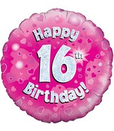18" Happy 16th Birthday Pink Holographic Oaktree Foil Balloon