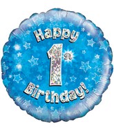 18" Happy 1st Birthday Blue Holographic Oaktree Foil Balloon