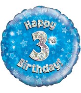 18" Happy 3rd Birthday Blue Holographic Oaktree Foil Balloon