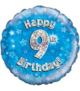 18" Happy 9th Birthday Blue Holographic Oaktree Foil Balloon