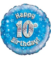 18" Happy 10th Birthday Blue Holographic Oaktree Foil Balloon