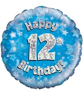 18" Happy 12th Birthday Blue Holographic Oaktree Foil Balloon