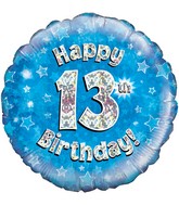 18" Happy 13th Birthday Blue Holographic Oaktree Foil Balloon