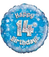 18" Happy 14th Birthday Blue Holographic Oaktree Foil Balloon