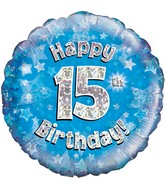 18" Happy 15th Birthday Blue Holographic Oaktree Foil Balloon