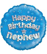 18" Happy Birthday Nephew Blue Holographic Oaktree Foil Balloon