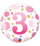 18" Round Age 3 Pink Dots Foil Balloon
