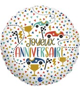 18" Joyeux Anniv Voitures (French) Foil Balloon