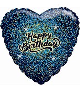 28" Happy Birthday Speckled Black Heart Balloon Blue/Gold