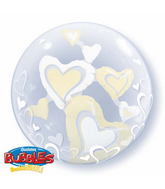 24" White & Ivory Floating Hearts Double Bubble Balloons