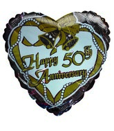 18" Happy 50th Anniversary Gold bells silver heart balloon