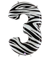 40" Zebra Foil Shape Polybagged Number 3 Balloon