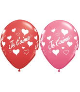 11" Red And Rose 50 Count Je T'Aime Coeurs Latex Balloons