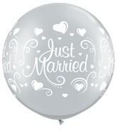 30" Round Silver Just Married Hearts Wrap 2 Count Latex Balloons