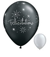11" Félicitations – Étoiles argent et noir onyx perlé (50 Per Bag) Latex Balloons
